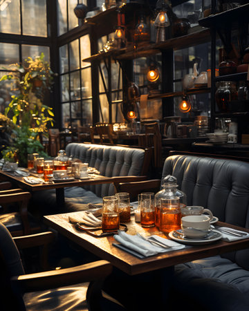 Interior of a restaurant with a black leather sofa and a wooden tableの素材