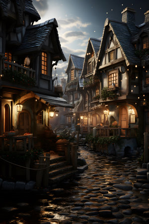 Fantasy scene of fairy tale medieval town. 3D renderingの素材