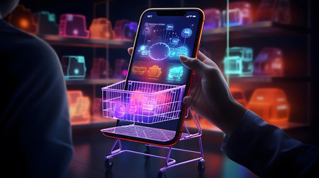 Smartphone screen displaying shopping cart and online store concept 3D renderingの素材