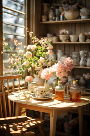 Beautiful table setting with cup of tea and flowers in vaseの素材