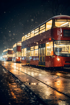 Buses in the rain on a snowy night. Travel concept.の素材