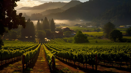 Vineyards in the morning in the light of the setting sunの素材