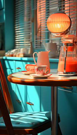 Interior of a cafe with a cup of coffee and a kettleの素材