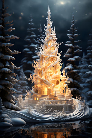 Fantasy Christmas tree in winter forest. 3d render illustration.の素材