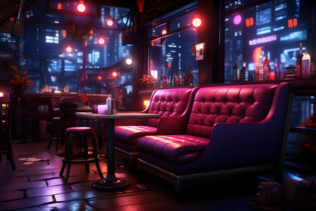 Red leather armchair in a bar at night. 3D renderingの素材