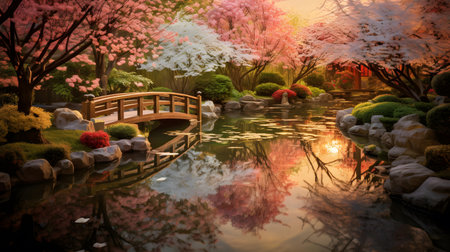 Beautiful Japanese garden with cherry blossom and pond at sunset.の素材