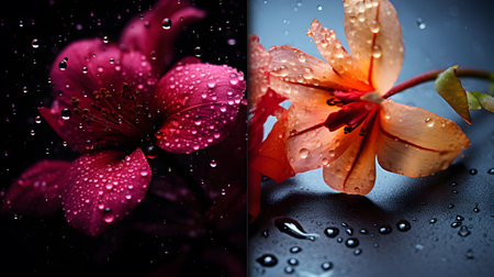 Beautiful flowers with drops of water on a black background. Collage.の素材