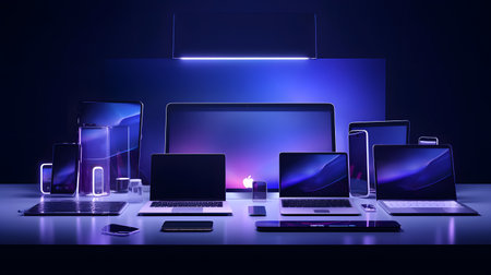 Modern laptop and tablet on table in dark room, 3D renderingの素材