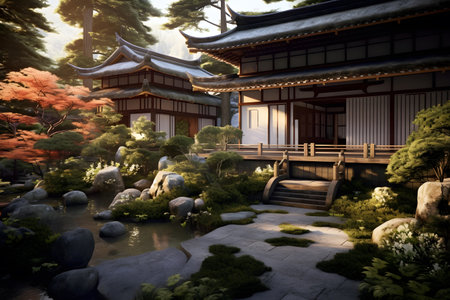 Japanese garden with pond and temple in the background,3d renderの素材