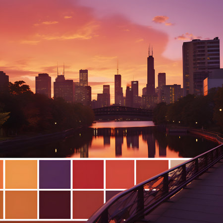 Sunset in Chicago, Illinois, USA. Color palette palette.の素材