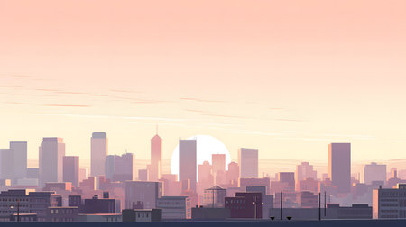Cityscape with skyscrapers at sunset. Vector illustration.の素材