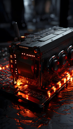 Close-up of a vintage radio on a black background with led lightsの素材