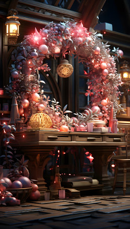 Christmas decorations in the form of a wreath on the background of the night cityの素材