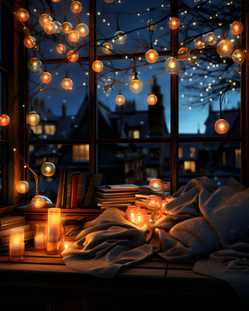 Christmas lights, books and candles on the windowsill at night.の素材
