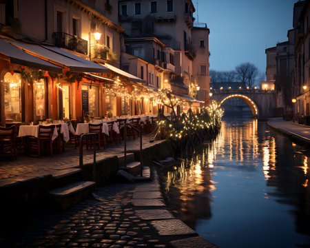 Night view of the Naviglio Grande in Florence, Italy.の素材