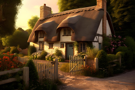 3D render of a fairy tale cottage in the garden with flowersの素材