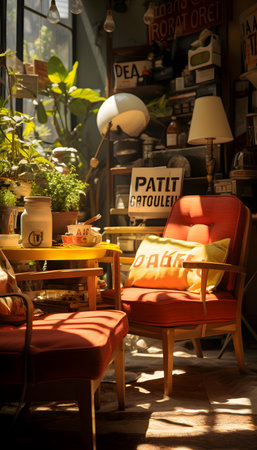 Interior of a coffee shop with tables and chairs, vintage styleの素材