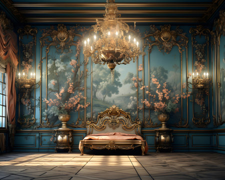 Luxury royal bedroom interior with classic furniture. 3d renderingの素材