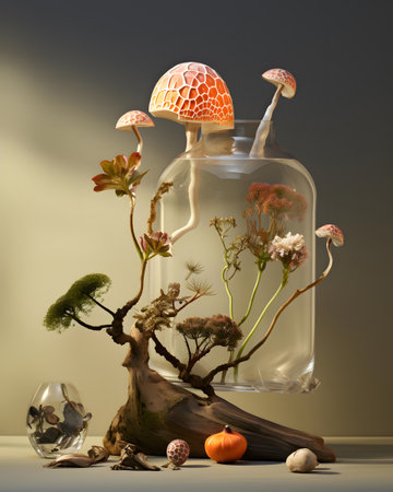 Still life with a glass jar with mushrooms and plants on a gray backgroundの素材