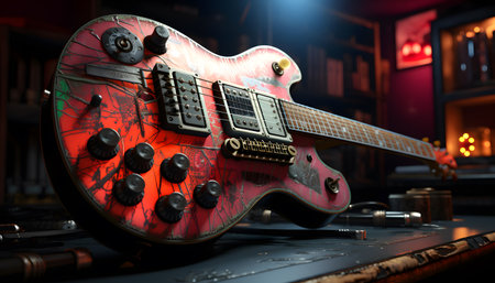 Electric guitar on a table in a dark room. 3d renderingの素材