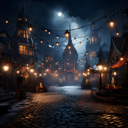 Fantasy old town in a foggy night. 3D renderingの素材