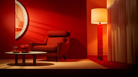 Red living room interior with armchair and lamp. 3D renderingの素材
