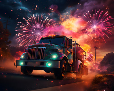 Truck on the road with fireworks in the night sky illustration.の素材