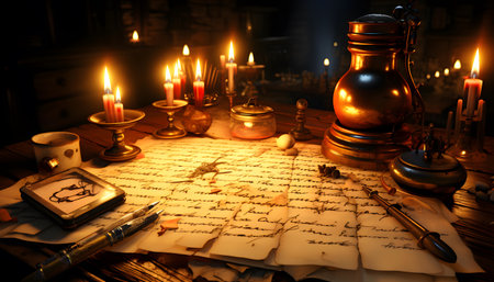 Vintage still life with old letters, inkwells and candlesの素材