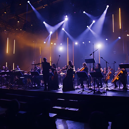 Symphony orchestra concert on theater stage. Musicians of State Symphony Orchestra, instruments of symphony orchestra on stage. Score, sheet music during concertの素材