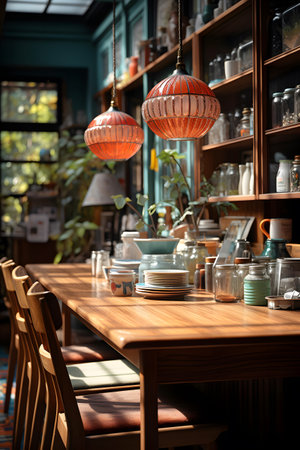 Interior of a coffee shop with wooden tables and chairs, stock photoの素材
