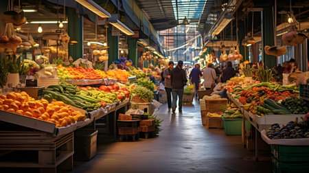 People shopping at the Mercado Dos Lavradores in Barcelona, Spainの素材