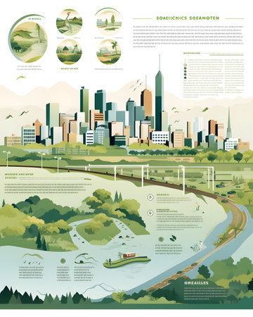 Ecology infographics design template with green city and river, vector illustrationの素材