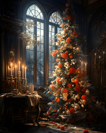 Christmas tree in the interior of the old house. 3d renderingの素材