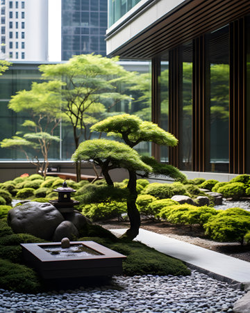 Bonsai tree in the garden with modern building in the backgroundの素材