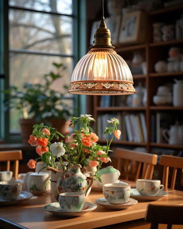 Cup of coffee and teapot on wooden table in cafeの素材