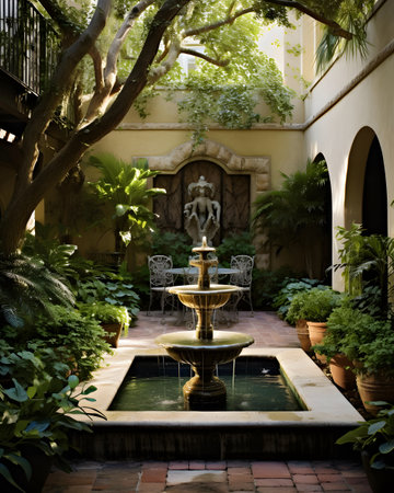 Fountain in the courtyard of a house with a beautiful garden.の素材