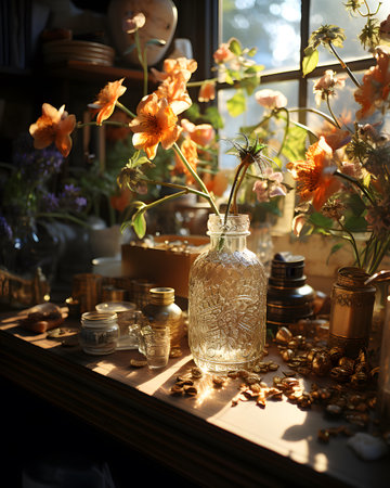 Vintage still life with flowers and candles in glass bottle on window sillの素材