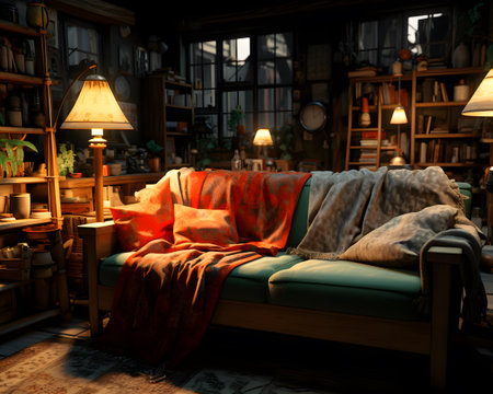 3d rendering of a cozy living room with a sofa and a lampの素材