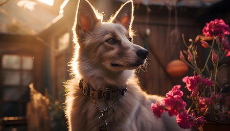 Portrait of a dog on a background of flowers in the sunlightの素材