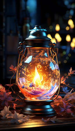 Burning candle in a glass candlestick. Halloween concept.の素材