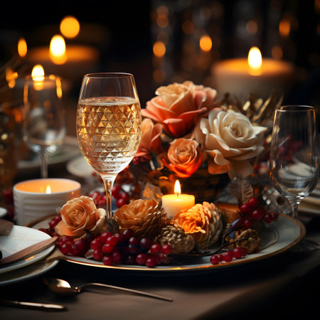 Festive table setting with candles and flowers on dark background. Selective focus.の素材