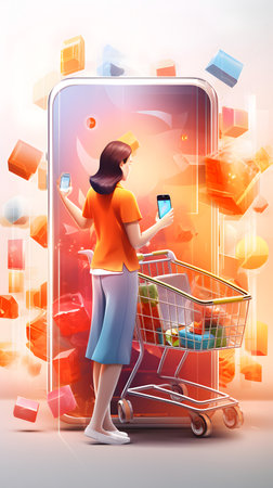 Young woman with mobile phone and shopping cart on abstract background. Vector illustration.の素材