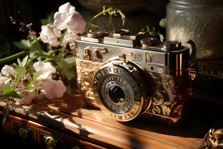 Vintage camera and flowers on the table. Photo in old style.の素材