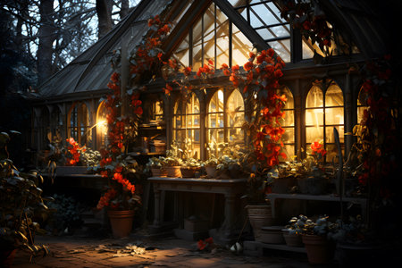 Garden at night with flowers in pots and lanterns. Decoration for Halloween.の素材
