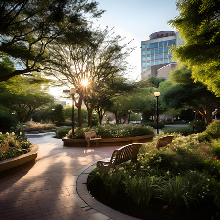 Sunset in the city park with benches and trees in the foregroundの素材