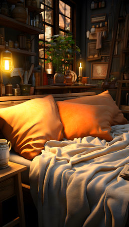 Comfortable bed with pillows in cozy room. 3d renderingの素材