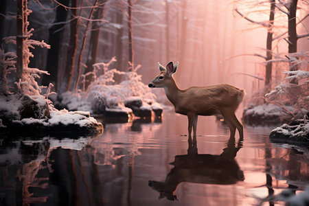 White-tailed deer in the winter forest by the lake at sunsetの素材