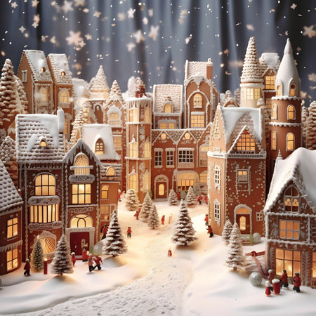Christmas village with houses and trees covered with snow. 3d renderingの素材