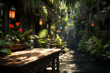 Tropical garden in the morning, Bali island, Indonesiaの素材