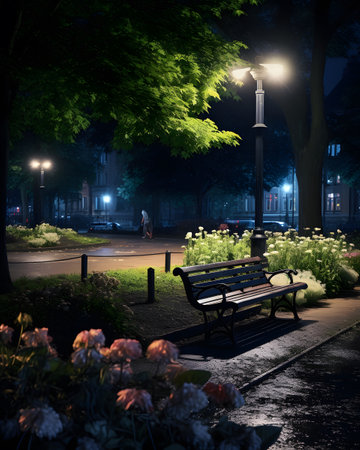 Bench in the park at night with lanterns and flowers. 3d renderingの素材